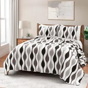 Lush Decor Mid Century Geo 3 Piece Quilt Set, King, Black & Gray