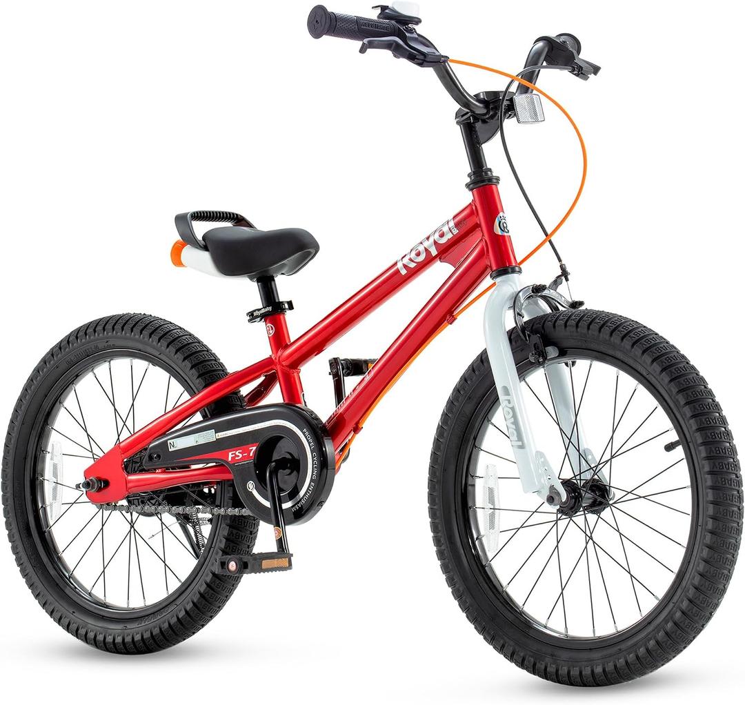 RoyalBaby Freestyle 7 Kids Bike 18 Inch Wheel Dual Handbrakes Bicycle Beginners Boys Girls Ages 5-8 Years, Kickstand and Water Bottle Included, Red