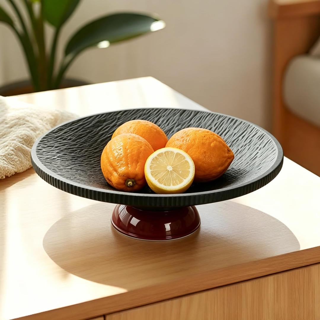 Large Fruit Bowl for Kitchen Counter, Decorative Pedestal Bowl Dessert Platter with Drain, 9.84” Diameter & 3.15” Height Fruit Basket Bowl for Fruits, Dessert, Snack (BLACK)