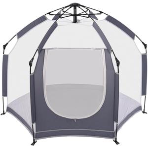 Baby Playpen with Canopy, Portable Mesh Play Yard Indoor and Outdoor, Pop Up Toddler Playpen with Dome, Lightweight Foldable Playspace for Home, Beach and Park, Gray (Grey)