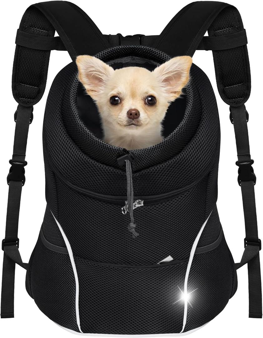 YUDODO Dog Front Carrier Backpack, Adjustable Breathable Pet Carrier for Small Dogs, Ventilated Puppy Back Pack with Safety Belt, Lightweight Doggy Backpack for Hiking Outdoor(Pure Black, L: 9-14 lbs)