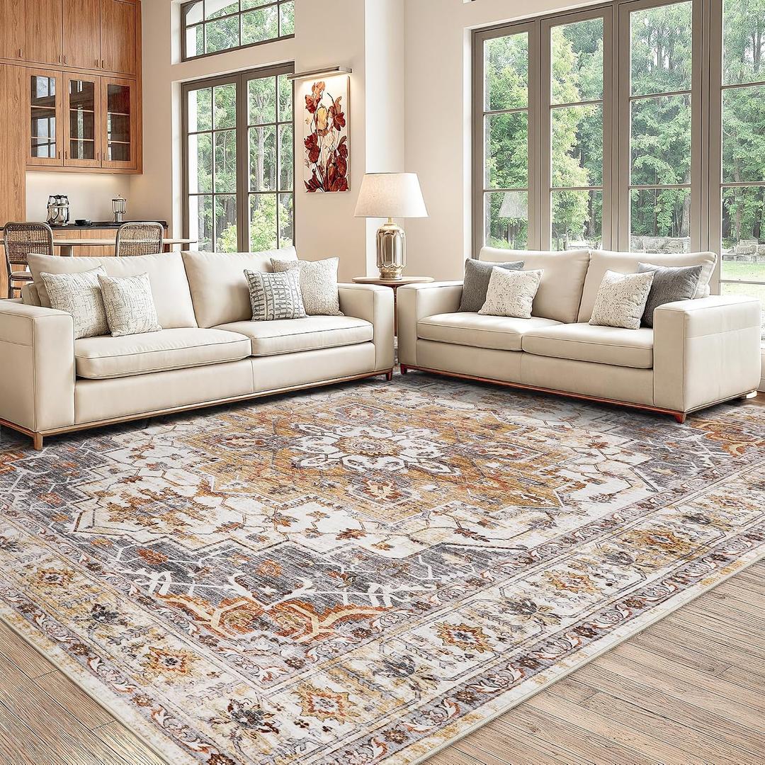 befbee Washable Area Rug 8x10, Large Soft Rugs for Living Room Stain Resistant Non-Slip Backing Rugs for Bedroom, Vintage Clearance Large Area Rug (Turmeric/Grey,8'x10')