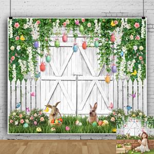 10x8ft Easter Backdrop Spring Flower Wall Leaves White Barn Door Spring Backdrops for Photography Background Birthday Bridal Shower Eggs Rabbit Easter Photo Backdrop Party Decorations Photo Props