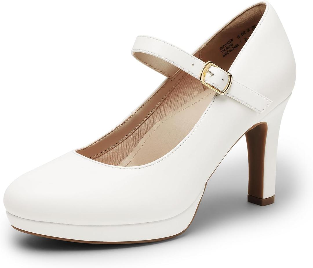 DREAM PAIRS Women's Pumps Close Toe Classic High Heels Round Toe Comfortable Low Platform Mary Jane Dress Shoes (8.5, White)