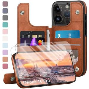 DJDUCK Compatible with iPhone 16 Pro Case Wallet, Card Holder Case with [2 Screen Protectors] Cover with [RFID Blocking Leather] Shockproof Women Men Cases 6.3" for Apple 16 Pro Light Brown