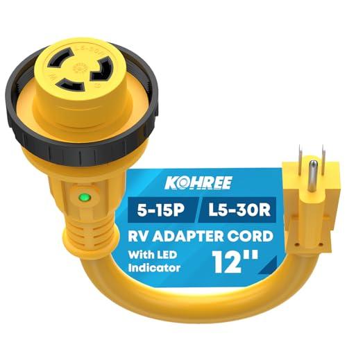 Kohree RV Adapter Plug 30 Amp to 15 Amp 110V, RV Power Electrical Adapter Cord 15A Male to 30A Female 12" with Twist Lock & LED Indicator