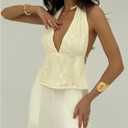 MakeMeChic Women's Y2K Halter Embroidery Tank Top Party Tie Backless Deep V Neck Cami Top (M)