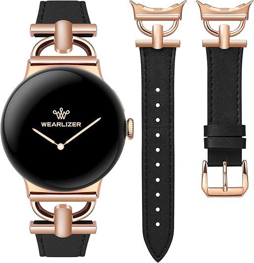 Wearlizer Leather Bands Compatible with Google Pixel Watch 4/3 41mm/Pixel Watch 2/1 Band Women, Dressy Designer Slim Leather Strap with D-Shape Metal Buckle for Pixel Smartwatch Accessories, Black/Rose Gold