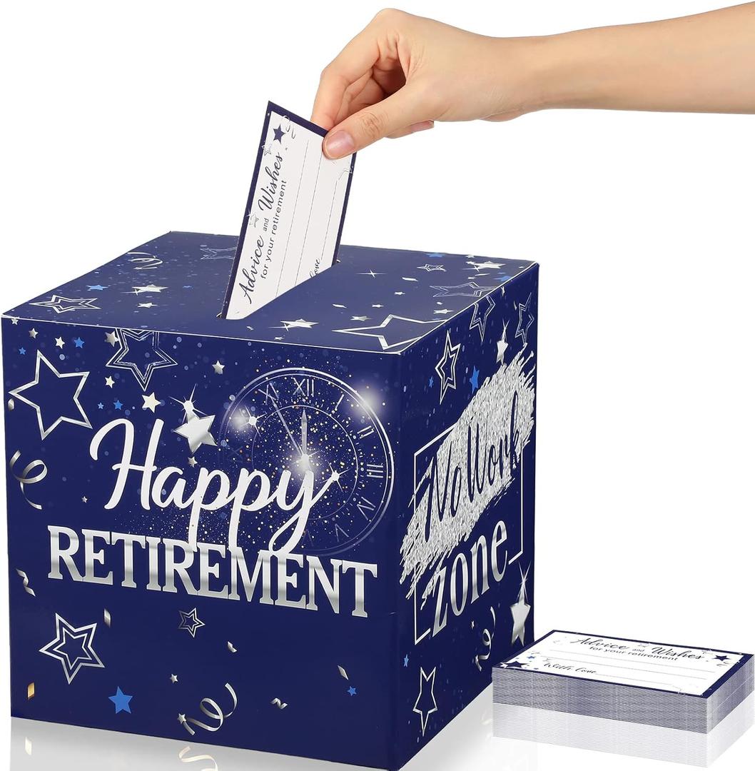 Funrous 51 Pcs Retirement Card Box Happy Retirement Party Decorations Well Wishes and Advice Card for Women Men Going Away Party Favors(Blue and Silver)