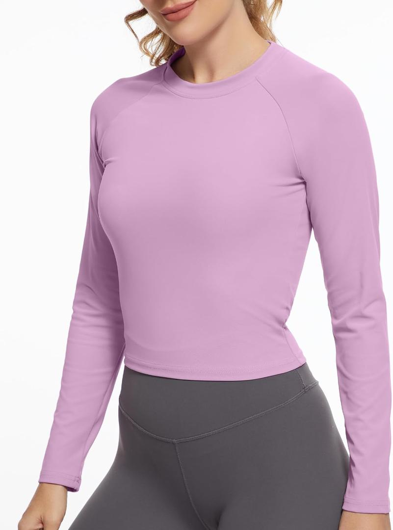 GGOV Womens Long Sleeve Crop Workout Tops Yoga Cropped Top Gym Shirts Athletic Clothes Slim Fit (Medium, Purple)