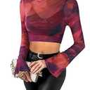 Remidoo Women's Mesh Top Mock Neck Bell Long Sleeve Crop Top Sheer Tops Tie Dye Shirt Red Large