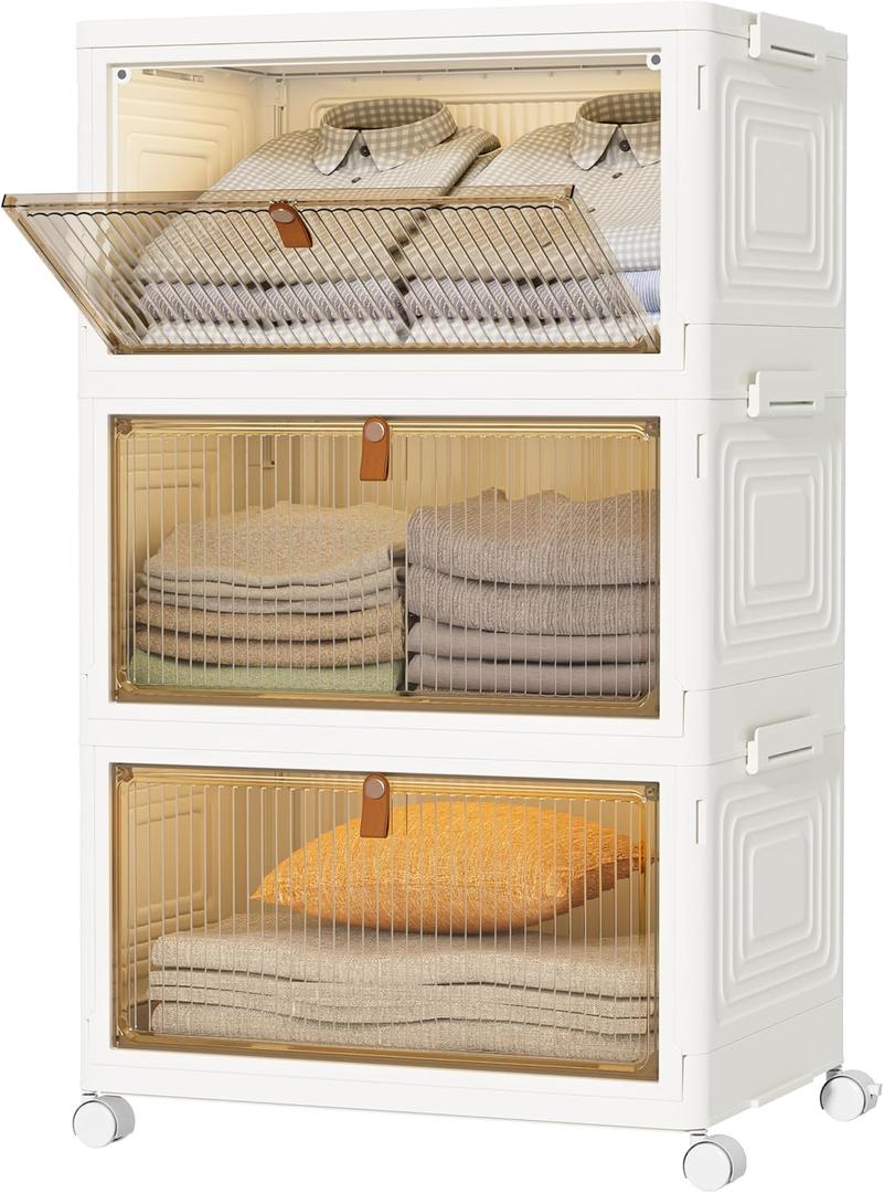 HOMIDEC Closet Organizers and Storage 93Qt 3 Pack Closet Organizer Boxes for Clothes Stackable Storage Bins Foldable Storage Box for Clothes/Toys/Office Supplies/Snacks(31Qt X 3) (White)