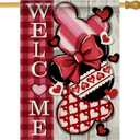 Welcome Decorative House Flag, Red Pink Plaid Stripe Polka Dot Farmhouse Garden Yard Outside Decorations, Anniversary Wedding Outdoor Large Home Decor Double Sided 28 x 40 (Mouse Valentines)