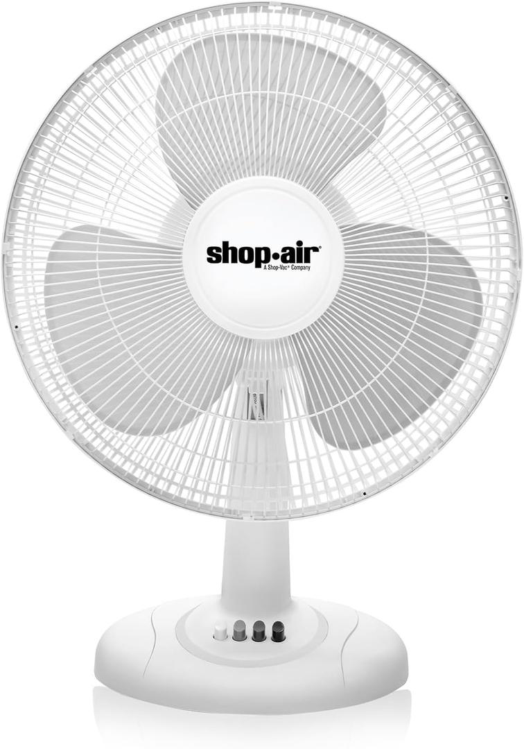 Shop-Air 12" Oscillating Table Fan, 3 Speeds, High-Velocity, Quiet & Powerful Air Circulation, 70 Adjustable Head Tilt,Ideal for Home, Bedroom or Office, White