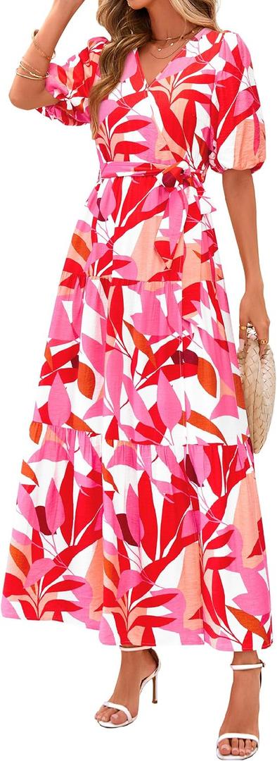 PRETTYGARDEN Women's Summer Maxi Dress 2026 Resort Wear Boho Floral V Neck Puff Short Sleeve Ruffle Flowy Beach Long Dresses (S)