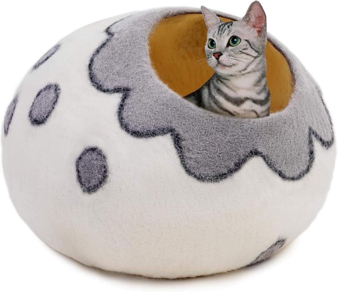 Woolygon Premium Felt Cat Cave Bed  Wool Kitty Beds Handcrafted Kitten Caves Bed for Indoor Cats - Made from Merino Wool, Foldable Cat Hideaway Covered Cat House Pod (White Flower)