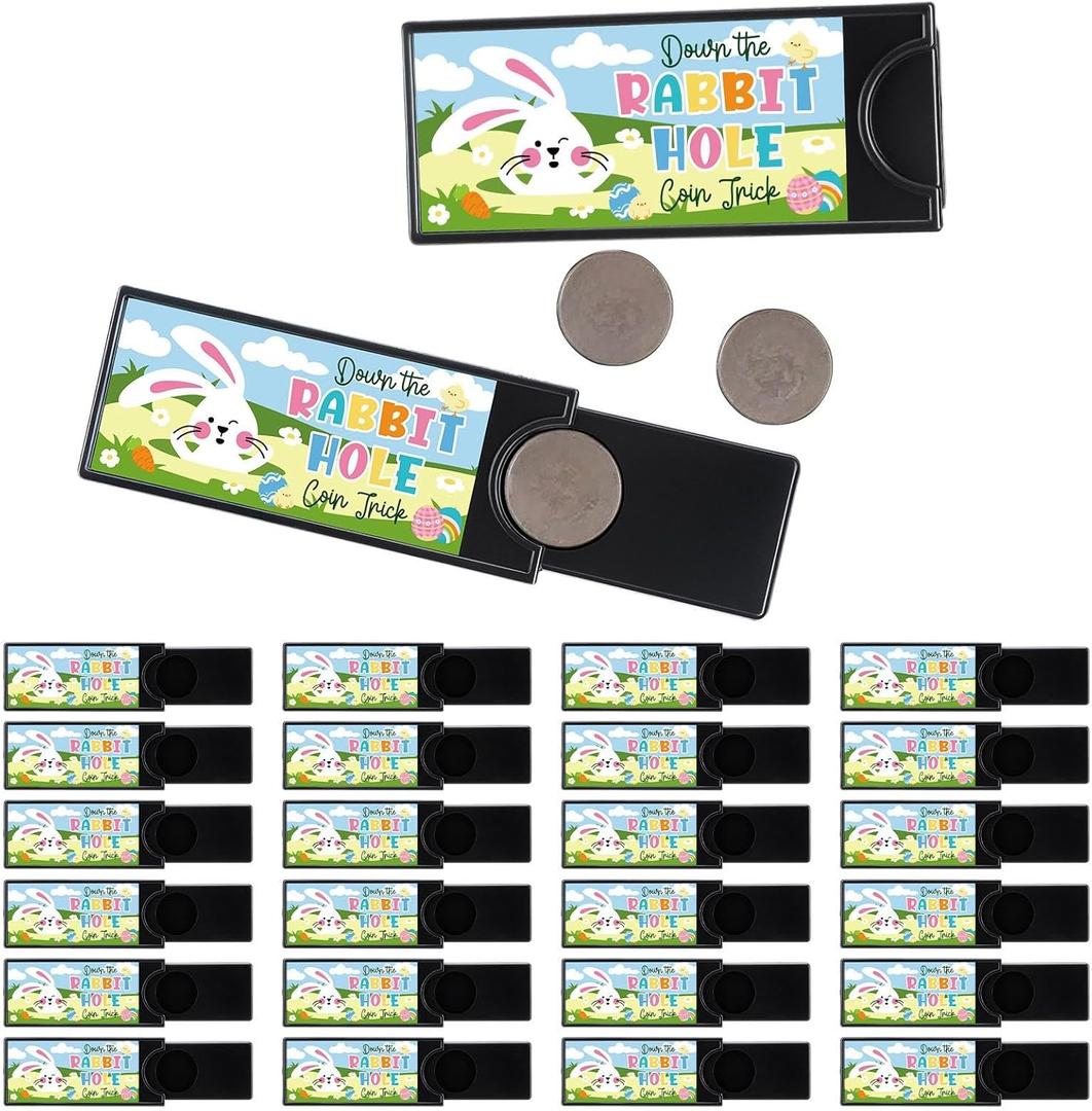 Skylety 24 Set Easter Magic Coin Bunny Magic Trick with Stickers Rabbit Hole Coin Trick Easter Basket Stuffers Bunny Party Favors Bulk for Adult Exchange Gift, Fun Non Candy Alternative