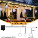 Christmas Solar String Lights Outdoor, 4Pc 160LED 29.5ft Solar Powered Globe Fairy Lights Waterproof, 8 Modes Ball Lights Outside for Tree Garden Yard Porch Lawn Holiday Decor, Multicolor