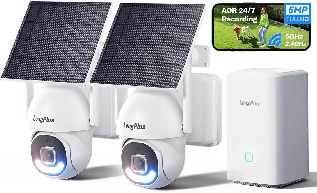 LongPlus 5MP Security Camera System Wireless Outdoor, No Subscription, Solar-Powered, WiFi Home Security Camera System with 360  Pan & Tilt, AOR Tech 24-7 Recording, Expandable 8CH, 2 Cam-Kit