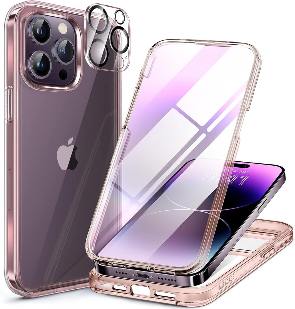 Miracase Glass Series Designed for iPhone 14 Pro Max Case 6.7 Inch, Upgrade Full-Body Bumper Case with Built-in 9H Tempered Glass Screen Protector, with Camera Lens Protector, Clear Pink
