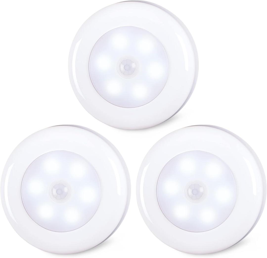 STAR-SPANGLED 3 Pack 2.8 Motion Sensor Lights Indoor AAA Battery Operated, Stick on LED Puck Light for Stairs, Under Cabinet, Closet, Cool White