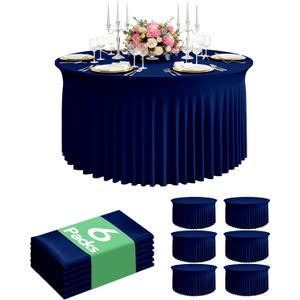 6 Pack Spandex Table Cover Skirts for 60 inch Round Tables, Navy Blue Stretch Table Cloths with Floor-Length Ruffle, Elastic Fitted Skirted Tablecloth for Elegant Wedding Banquet Party Buffet Deco