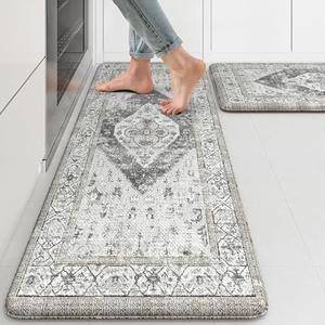 KIMODE Kitchen Rugs and Mats for Floor 2 Piece Cushioned Anti Fatigue Kitchen Mat Non-Skid Waterproof Kitchen Runner Rug Boho Laundry Room Rug for Kitchen Decor, Floors, Office, Desk, Grey Rug Set