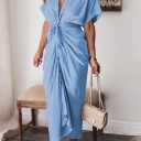 Women Elegant Satin Button Down Short Sleeve Maxi Shirt Dress with Belt (Blue, M)