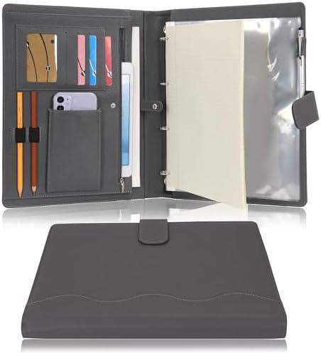 Wonderpool A4 PU Leather 3 & 4 Ring Holder Writing Portfolio Multi Document Case with Removable Binder Clipboard and Functional Pocket for Organizer Office Travel School (Grey)