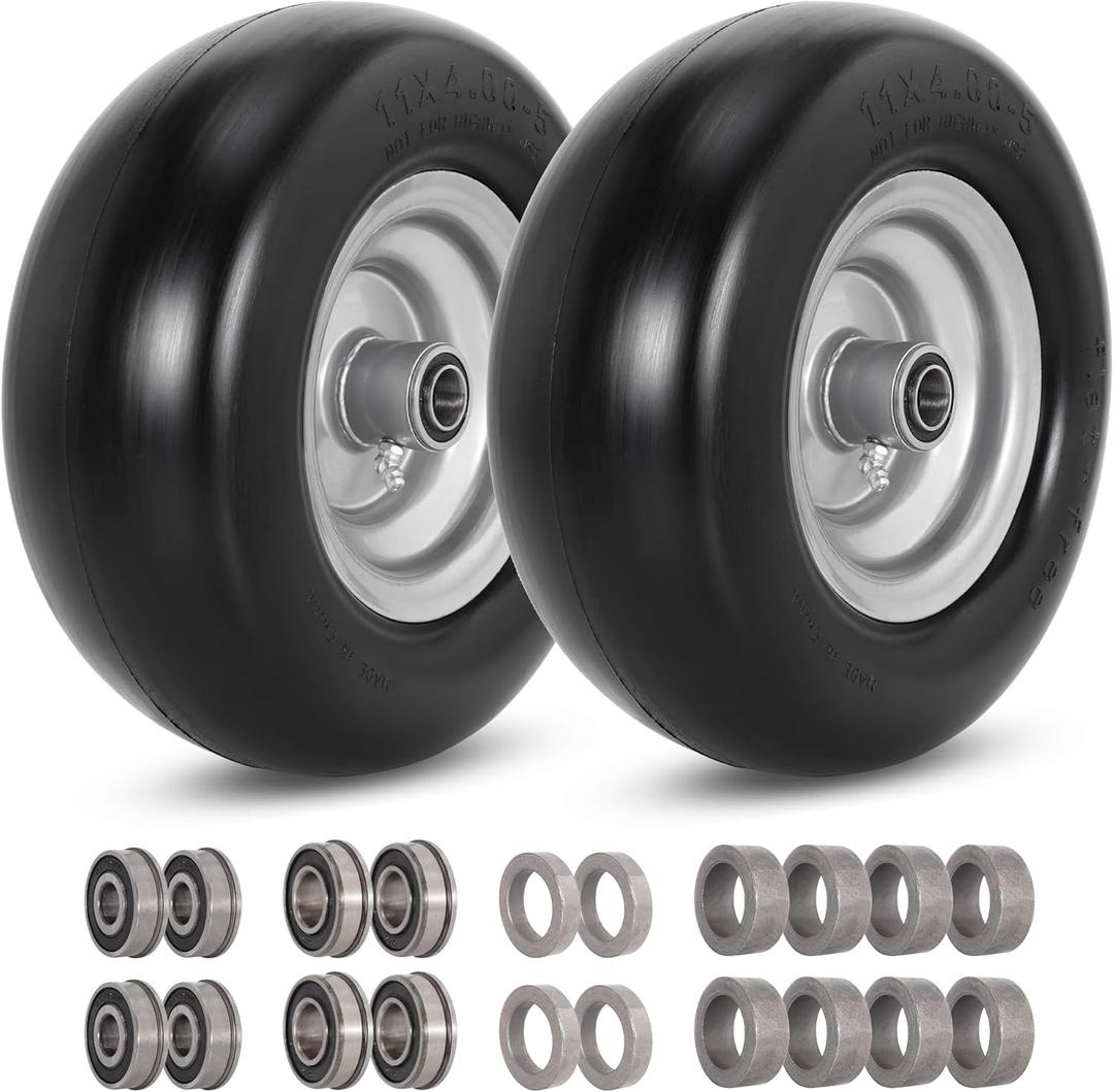 RUTU 2 Pack 11x4.00-5 Flat Free Tire and Wheel Assembly with 3/4" Precision bearings or 5/8" & 1/2",Replacement Tires 3.4"-4"-4.5"-5" Centered Hub,for Zero-Turn Lawn Mowers