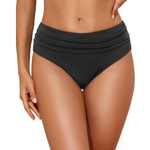 Tempt Me Women Mid Rise Bikini Bottoms Full Coverage Swimsuit Ruched Scrunch Swim Bottom (Black, L)