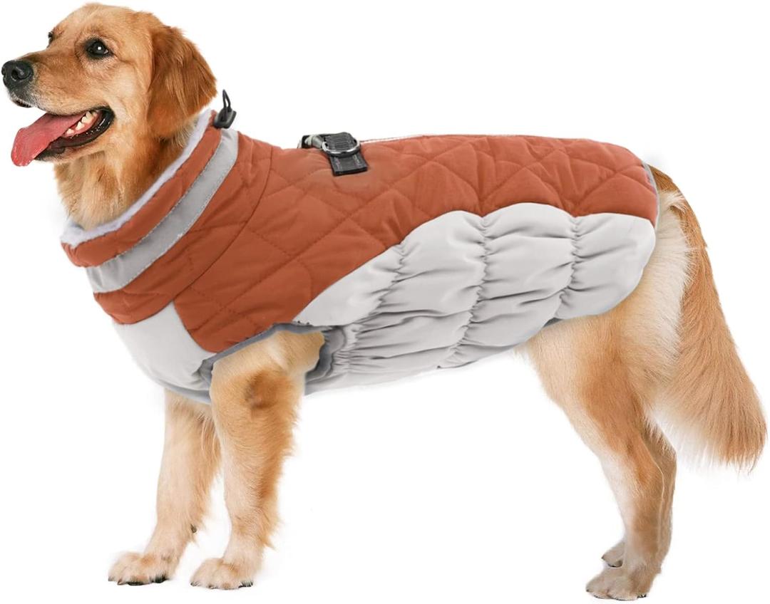 Lelepet Dog Coat Warm Dog Winter Coat Waterproof Dogs Jacket with Harness Built in Reflective Pet Fleece Vest Zip-Up Cold Weather Coats for Large Dogs Turtleneck & Windproof Coats Pitbull Brown 2XL