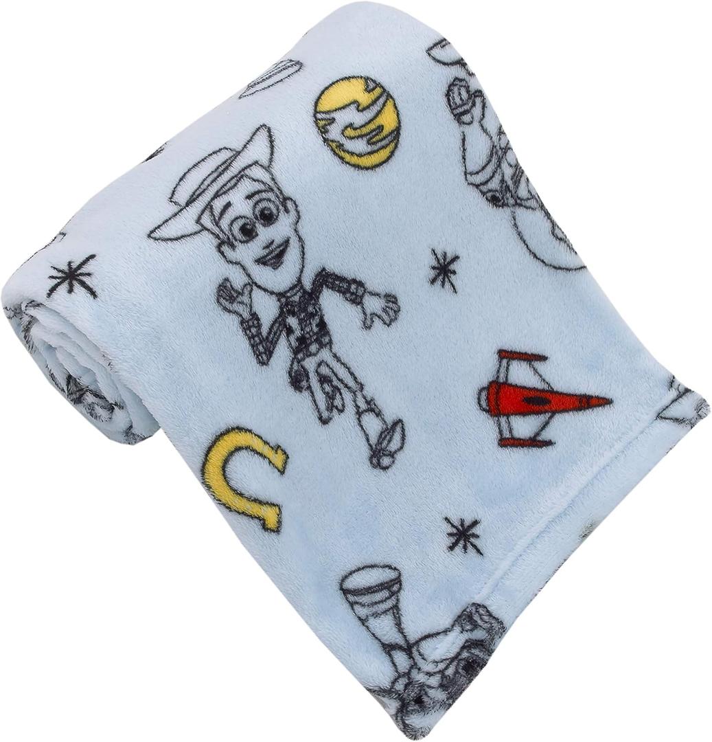 Disney Toy Story 4 Super Soft Blue, Yellow, Red Buzz Lightyear Woody Star Rocket Horse Shoe French Fiber Baby Blanket, Blue, Red, Yellow