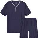MoFiz Mens Pajama Sets Short Pijama 2 Piece Summer House Lounge Sleep Sets Pj's Lightweight Night Suits Comfy Soft (Blue, XL)