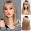 BLONDE UNICORN Ash Brown 16 Inch Bob Wig with Bangs 100% Human Hair,Shoulder Length Wigs for White Women Daily Use 180 Density