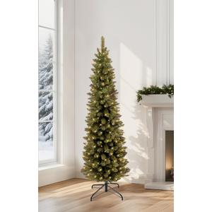 Annecy 4.5Ft Pre-Lit Fir Pencil Christmas Tree, Green Classic Artificial Slim Skinny Christmas Tree for Home, Office, Party Decoration w/ 310 Tips, 150 Warm White Lights,Metal Hinges&Base,Green 4.5 ft