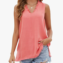 Famulily Womens Cute Sleeveless Ruffled Deep V Neck Tank Tops Cotton Linen Tops for Summer Casual Side Split Raw Hem Tops L