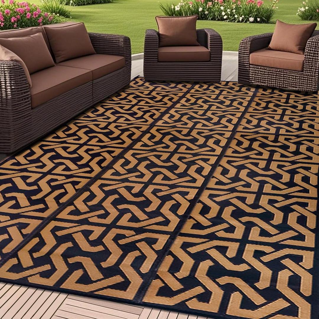 SAND MINE Reversible Mats, Plastic Straw Rug, Modern Area Rug, Large Floor Mat and Rug for Outdoors, RV, Patio, Backyard, Deck, Picnic, Beach, Camping, Trailer, Black & Brown, 9' x 18'