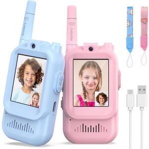 Walkie Talkies for Kids Pack of 2, Rechargeable Long Range Two Way Radios Toys for Boys Girls Age 3-5, Outdoor Adventure Camping Hiking, Birthday with Pink Blue Design