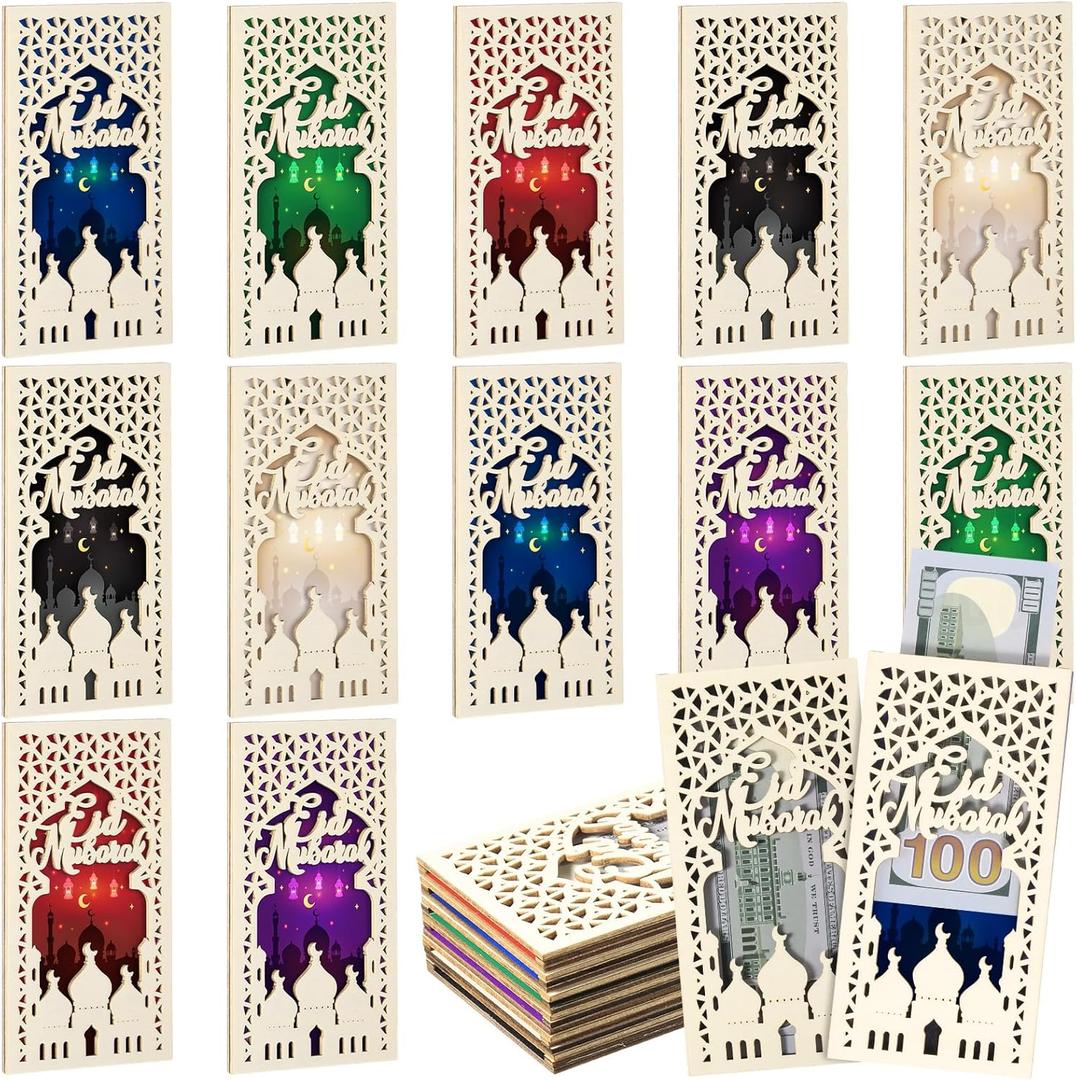 Novabright 12 Pcs Eid Mubarak Wooden Money Holders Ramadan Cash Envelope Cash Wallet DIY Eid Gift Card Holders for Friends Family Muslim Party Decoration, 6 Styles (Vertical)