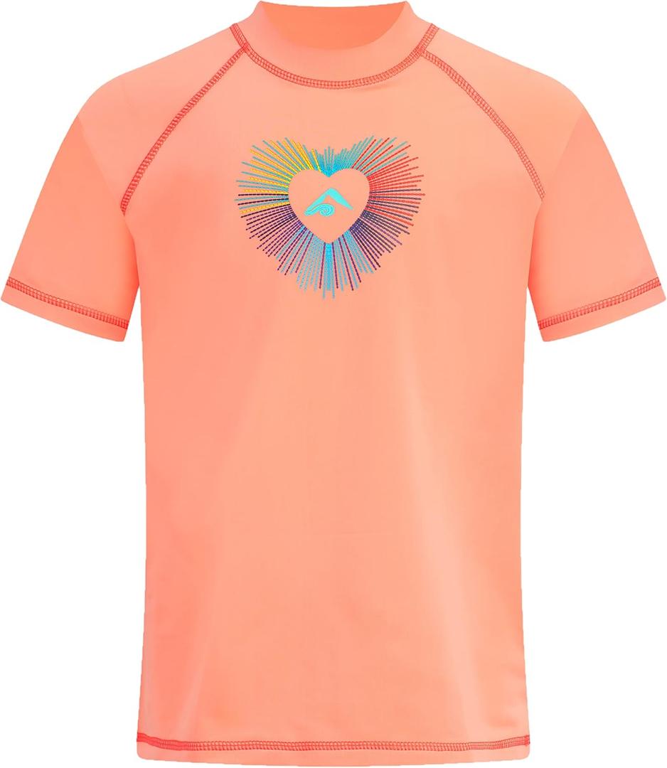 Kanu Surf Girls' Jade Rash Guard UPF 50+ Sun Protection Short Sleeve Swim Shirt (14-16, Love Coral)