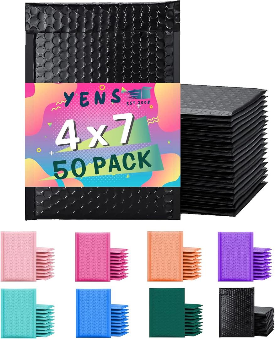 Yens Poly Bubble Mailers 4x8 50 Pack Black Waterproof Self Seal Adhesive Shipping Bags, Cushioning Padded Envelopes for Shipping, Mailing, Packaging, Usable 4x7