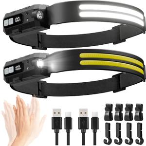 LED Headlamp Rechargeable with Red Light 2 Pack, 230 Wide Beam Head Lights for Forehead, 7Mode Head Lamp with Motion Sensor, LCD Digital Display, Waterproof Hard Hat Light for Camping Hiking Fishing