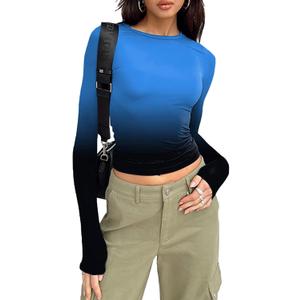 Hafailia Long Sleeve Shirts for Women - Casual Y2K Basic Tops Crewneck Slim Fit Tshirt Tees Blue Black XS