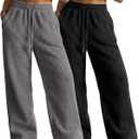 Velvelhall 2 Pack Women's Fleece Sweatpants Wide Leg Winter Thermal Pants Drawstring Waist with Pockets Fuzzy Lounge Pajamas(Black, Light Gray,X-Large)