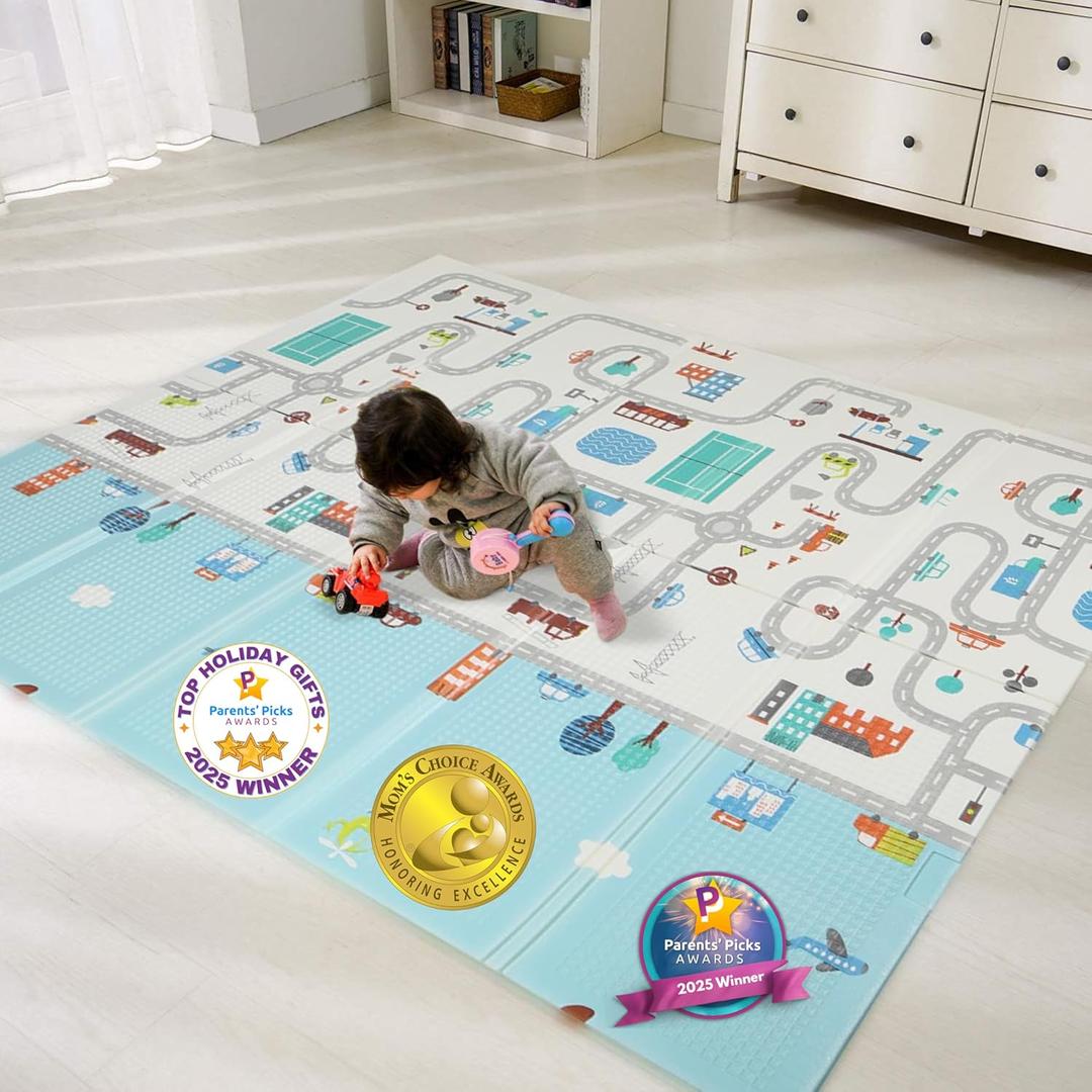 Bammax Extra Large 78" x 70" x 0.4" XPE Foam Baby Play Mat with Travel Bag | Anti-Slip, Waterproof, Foldable & Reversible Padded Playmat | Baby Crawling & Kids Play Mat  Giftable Design, Cars & Fire Engine