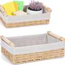 2Pcs Toilet Storage Basket for Organizing, Large Wicker Bathroom Baskets with Wooden Handles & Liner, Square Organizer Basket for Bathroom Shelves Cupboards Drawer