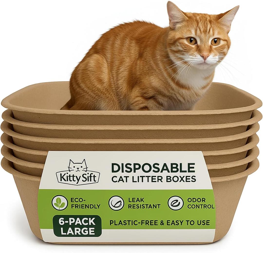 Kitty Sift Disposable Cat Litter Box Large, 6 Count, Durable Portable for Travel and Home, Eco-Friendly Disposable Litter Box Controls Odor