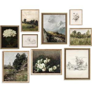 Vintage Wall Art French Country Wall Decor, Vintage Posters for Room Aesthetic Picture, Dark Green Antique European Landscape Flower Meadow Gallery Canvas Art Prints Painting for Bedroom Living Room, (9pcs)