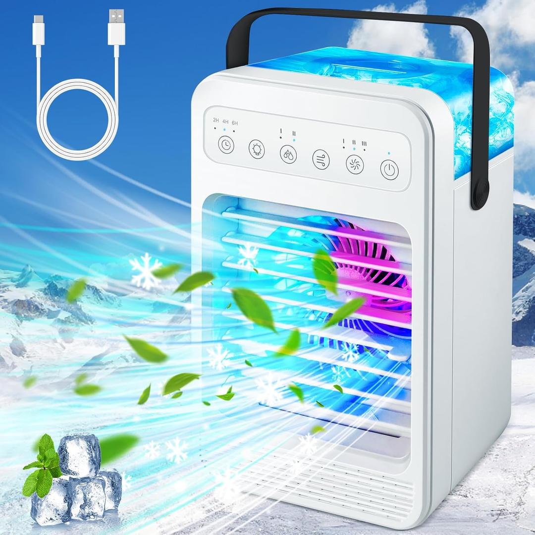 Portable Air Conditioners, Mini Air Conditioner Personal Evaporative Air Cooler with 4 Speeds 7 Colors, 600ML Portable Ac Unit Fan 2 Cool Mist Cooling Fan for Room Office Car